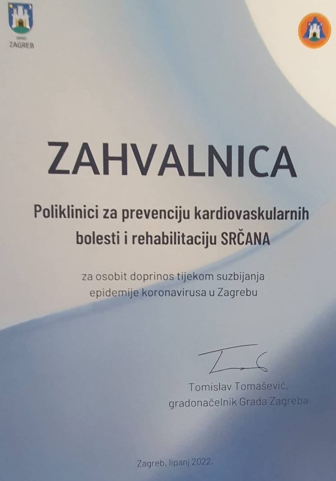 Zahvalnica Poliklinici