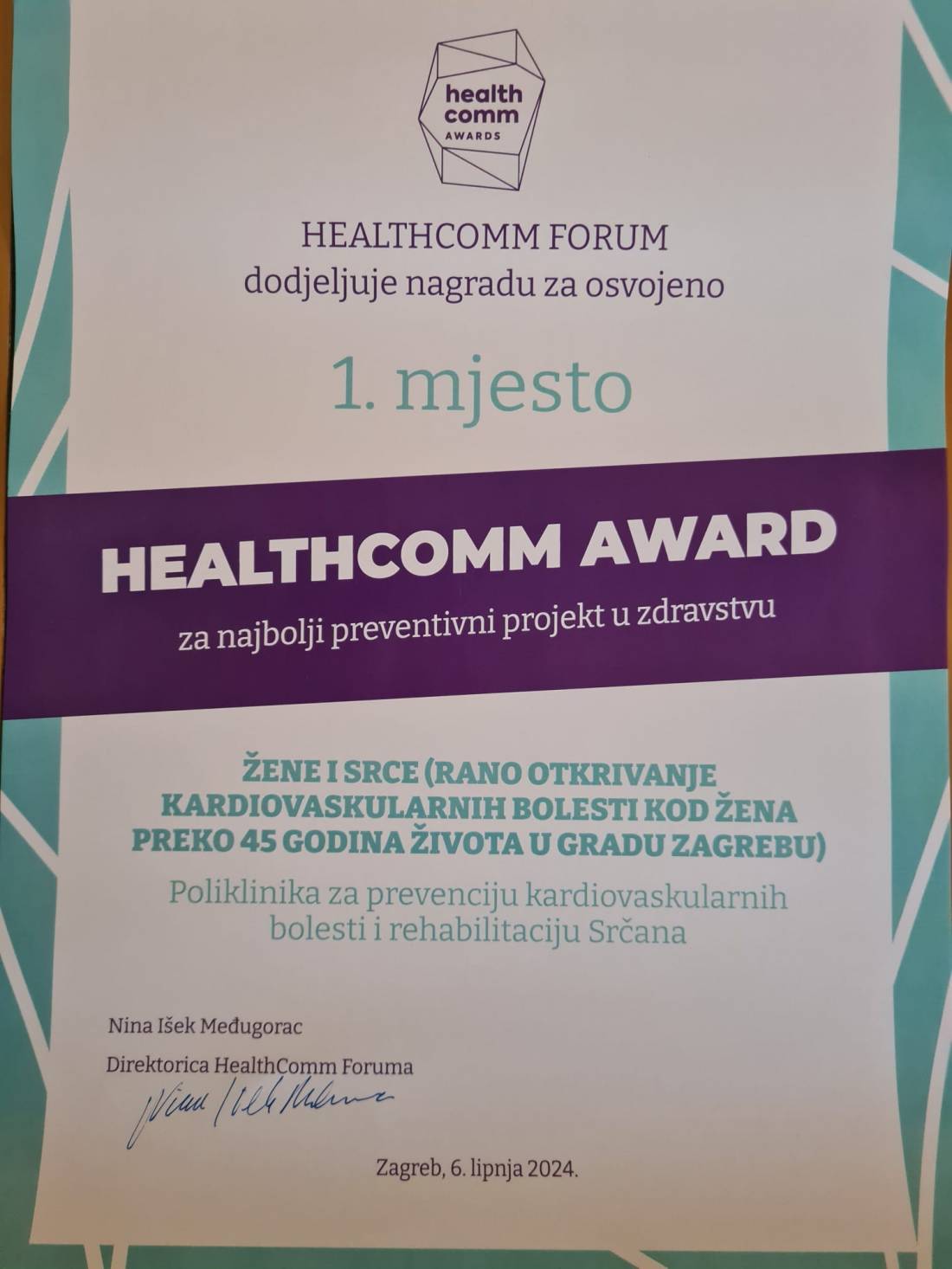 HEALTHCOMM AWARD za najbolji preventivni projekt u zdravstvu